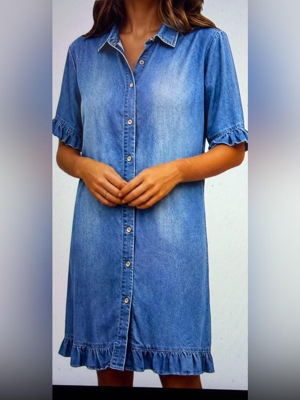 Women's Denim Button Front Ruffle Sleeve & Hem Dress - NWT - Size XL